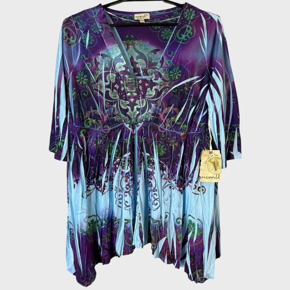 One World Boho Mandala Printed 3/4 Sleeve Blouse Purple & Blue Women's 2X New - Picture 1 of 13